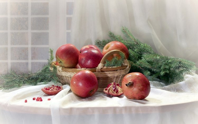 фрукты, яблоки, ель, натюрморт, гранат, fruit, apples, spruce, still life, garnet