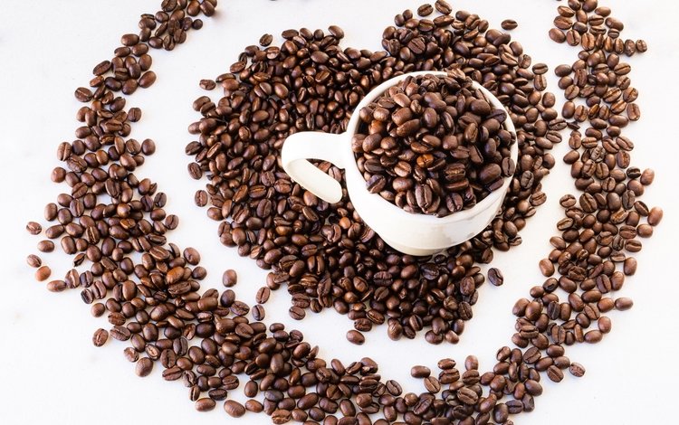 зерна, кофе, сердце, белый фон, чашка, кофейные зерна, grain, coffee, heart, white background, cup, coffee beans