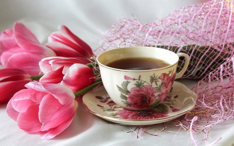 розовый, тюльпаны, чашка, чай, pink, tulips, cup, tea
