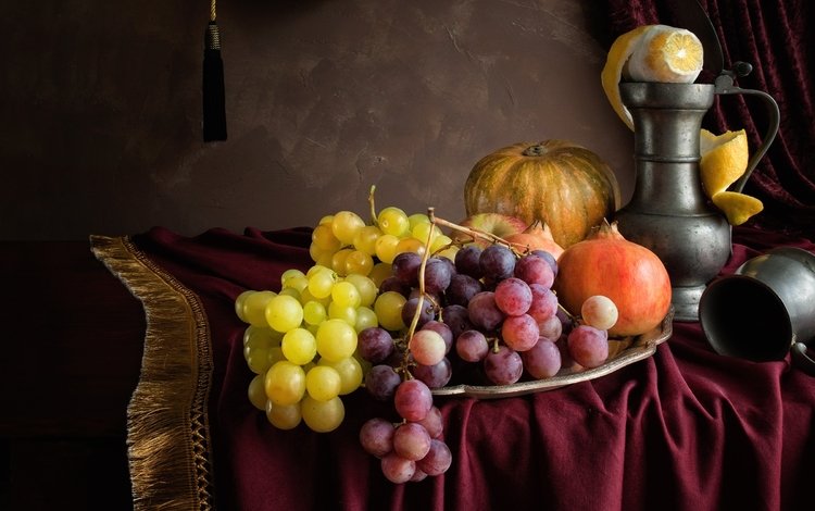 виноград, фрукты, лимон, кувшин, тыква, натюрморт, гранат, grapes, fruit, lemon, pitcher, pumpkin, still life, garnet