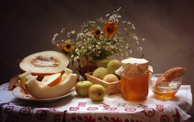 цветы, яблоки, букет, мед, натюрморт, груши, дыня, бублик, flowers, apples, bouquet, honey, still life, pear, melon, bagel
