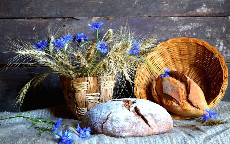 пшеница, хлеб, колоски, васильки, выпечка, натюрморт, wheat, bread, spikelets, cornflowers, cakes, still life