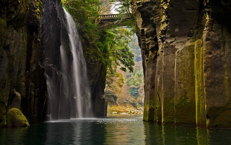 скалы, мост, водопад, япония, ущелье такатихо, кюсю, rocks, bridge, waterfall, japan, takachiho gorge, kyushu