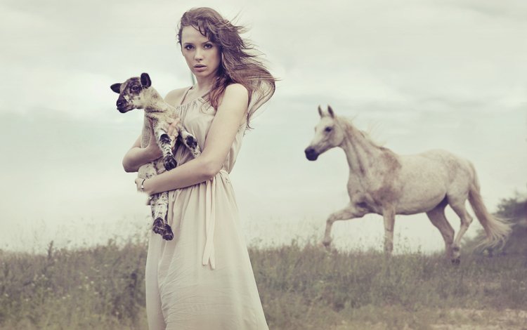лошадь, девушка, ветер, шатенка, козленок, horse, girl, the wind, brown hair, goat