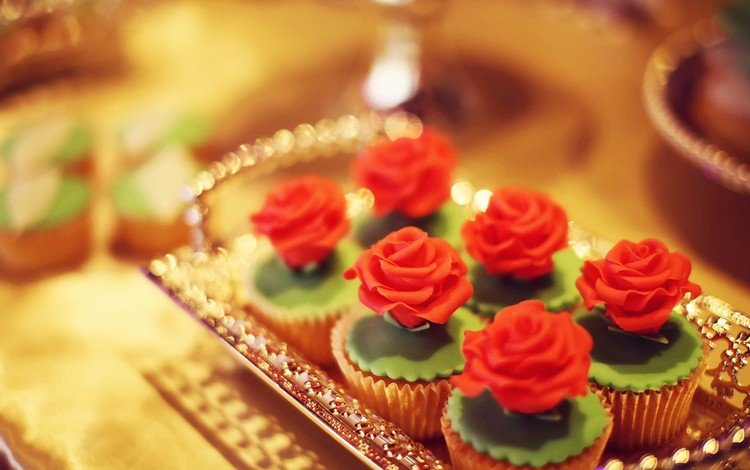 роза, сладкое, украшение, поднос, кексы, rose, sweet, decoration, tray, cupcakes