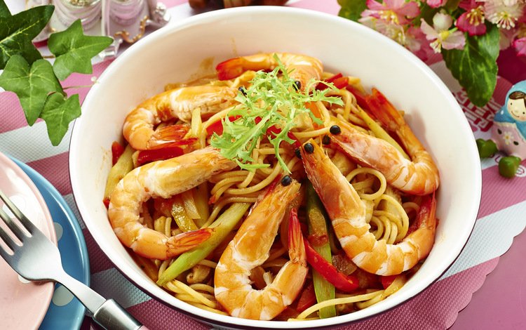 овощи, морепродукты, креветки, паста, vegetables, seafood, shrimp, pasta