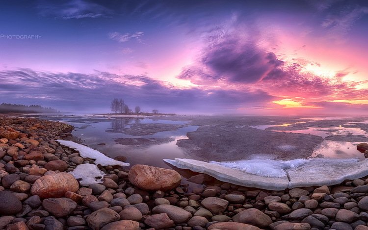 камни, берег, закат, лёд, stones, shore, sunset, ice