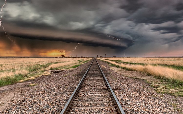 железная дорога, тучи, молния, railroad, clouds, lightning