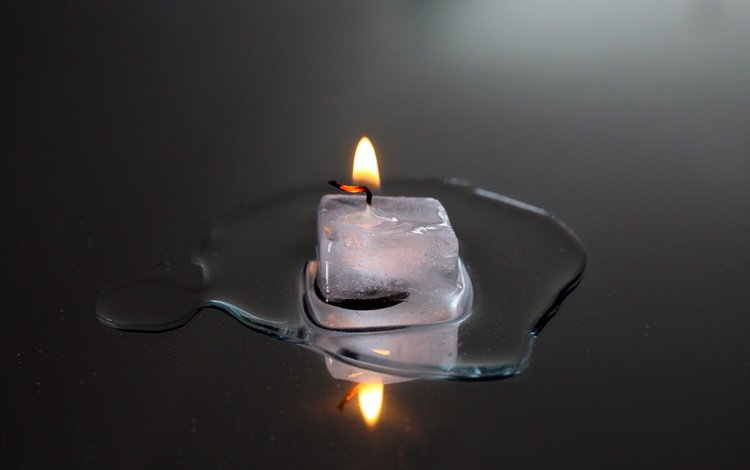 вода, пламя, отражение, огонь, лёд, темный фон, свеча, water, flame, reflection, fire, ice, the dark background, candle