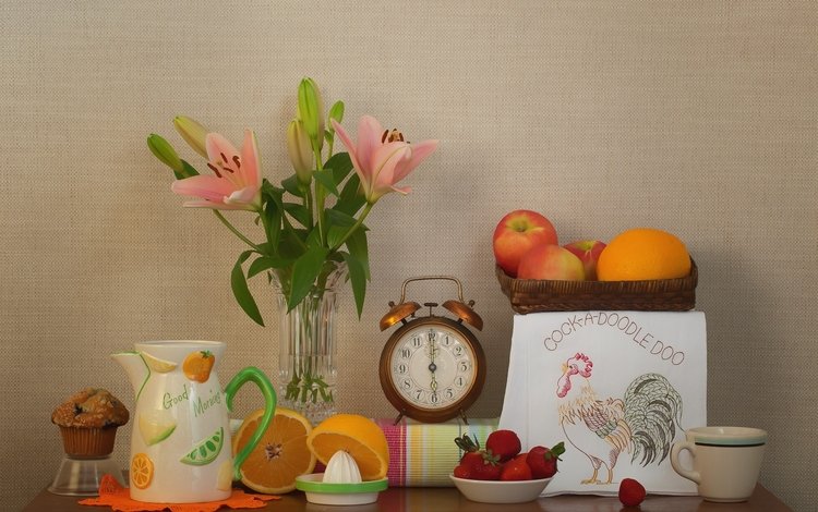 яблоки, клубника, часы, лилия, апельсин, натюрморт, кекс, apples, strawberry, watch, lily, orange, still life, cupcake