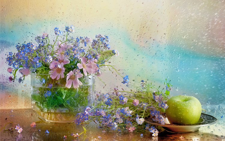 цветы, космея, вода, капли, яблоко, ваза, незабудки, тарелка, натюрморт, flowers, kosmeya, water, drops, apple, vase, forget-me-nots, plate, still life