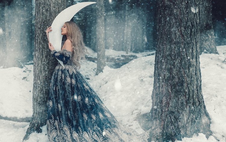 деревья, месяц, снег, снегопад, лес, мило, зима, сказочно, девушка, платье, фея, волосы, trees, a month, snow, snowfall, forest, cute, winter, fabulously, girl, dress, fairy, hair