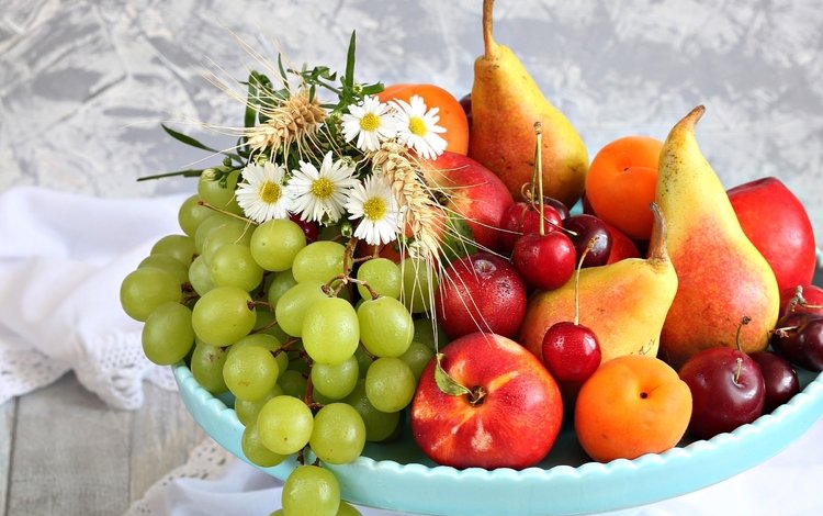 цветы, виноград, фрукты, черешня, абрикос, груша, нектарин, flowers, grapes, fruit, cherry, apricot, pear, nectarine