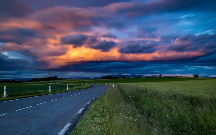 небо, дорога, трава, закат, поле, the sky, road, grass, sunset, field