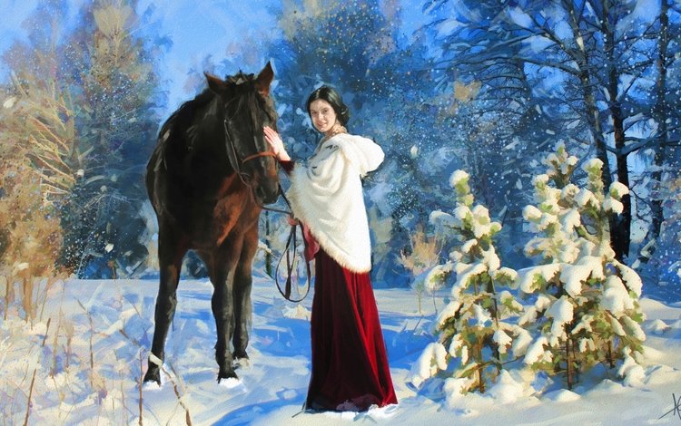 лошадь, конь, живопись, снег, дама, лес, зима, картина, парк, прогулка, елочки, horse, painting, snow, lady, forest, winter, picture, park, walk, christmas trees