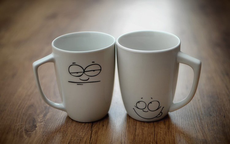 настроение, кружки, чашки, рожицы, две, деревянная поверхность, mood, mugs, cup, faces, two, wooden surface