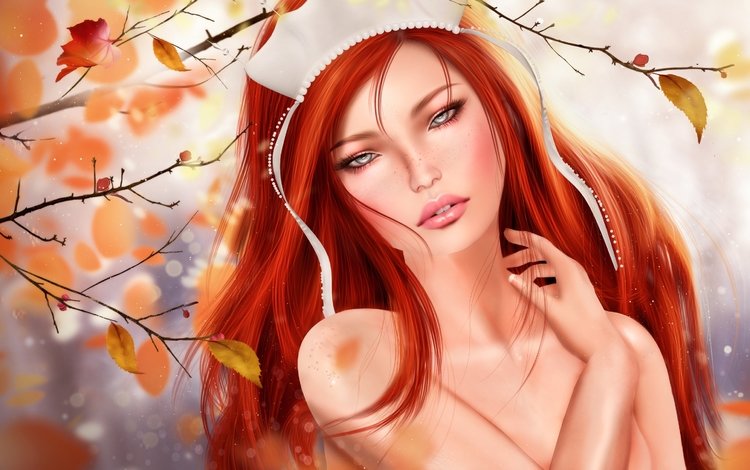 листья, девушка, осень, рыжая, leaves, girl, autumn, red