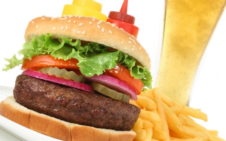 гамбургер, котлета, пиво, помидор, булочка, быстрое питание, cutlet, hamburger, patty, beer, tomato, bun, fast food