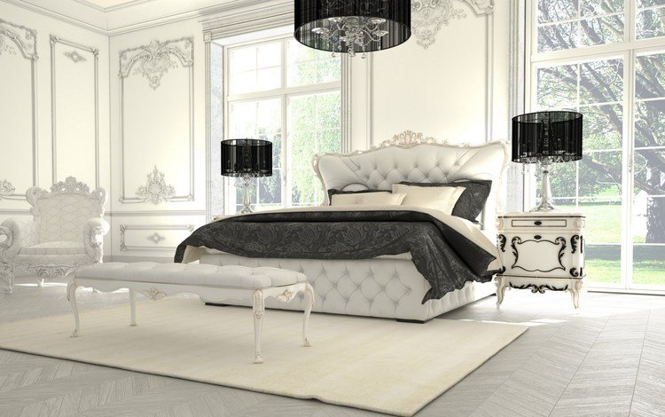 роскошная спальня, спальня в черно-белой гамме, luxurious bedroom, bedroom in black and white