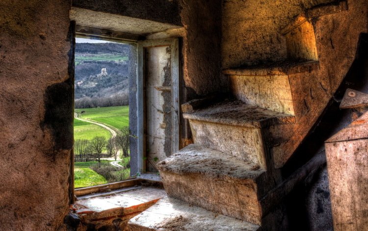 лестница, вид, окно, ladder, view, window