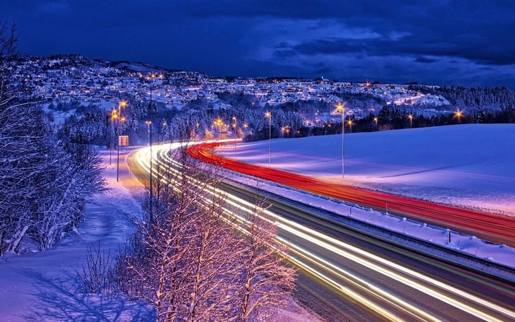 дорога, фонари, огни, зима, норвегия, выдержка, норвегии, автодорога, trondheim, road, lights, winter, norway, excerpt