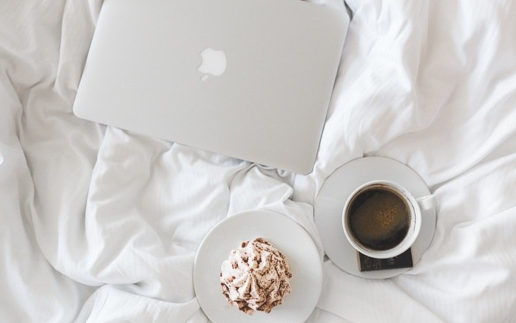 кофе, чашка, ноутбук, пирожное, эппл, coffee, cup, laptop, cake, apple