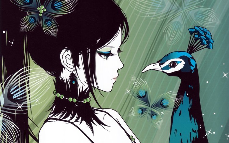 арт, девушка, взгляд, аниме, профиль, хвост, павлин. птица, art, girl, look, anime, profile, tail, peacock. bird