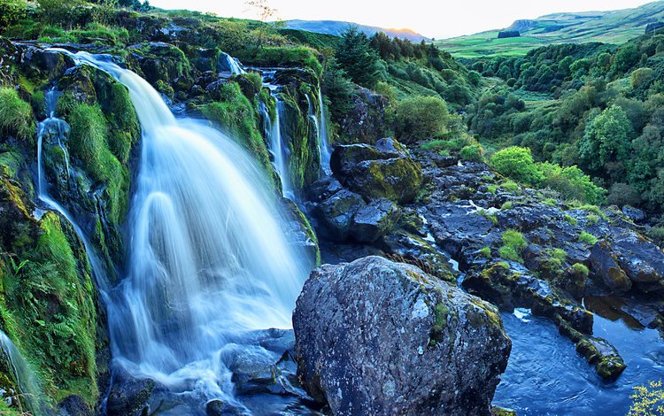 камни, зелень, кусты, водопад, шотландия, loup of fintry, stones, greens, the bushes, waterfall, scotland