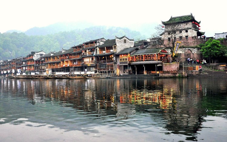 лодки, дома, набережная, китай, fenghuang, boats, home, promenade, china