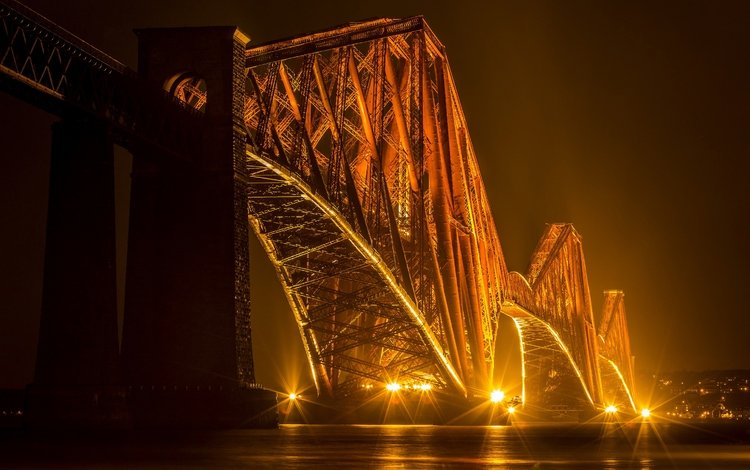 ночь, огни, мост, залив, шотландия, эдинбург, forth bridges, night, lights, bridge, bay, scotland, edinburgh