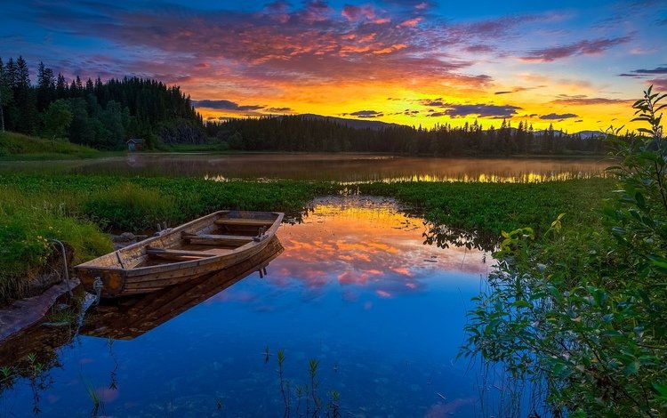 озеро, природа, закат, отражение, лодка, lake, nature, sunset, reflection, boat