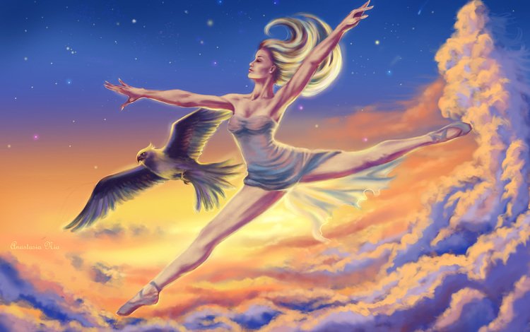 небо, арт, облака, девушка, профиль, птица, волосы, балерина, the sky, art, clouds, girl, profile, bird, hair, ballerina
