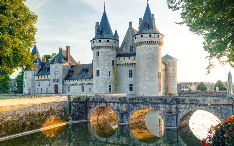 река, мост, замок, франция, старинный, шато де сюлли-сюр-луар, river, bridge, castle, france, vintage, chateau de sully-sur-loire