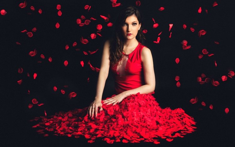 девушка, фон, платье, лепестки, лицо, красное, marine, girl, background, dress, petals, face, red