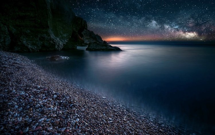 небо, ночь, скалы, камни, море, звезды, пляж, the sky, night, rocks, stones, sea, stars, beach
