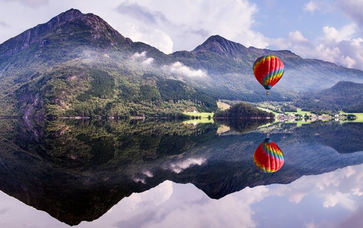 озеро, природа, отражение, пейзаж, воздушный шар, lake, nature, reflection, landscape, balloon