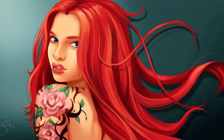 арт, девушка, взгляд, тату, красные волосы, art, girl, look, tattoo, red hair