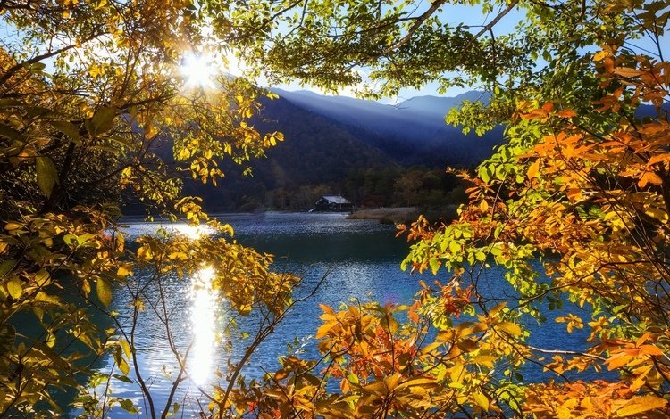 озеро, горы, солнце, осень, lake, mountains, the sun, autumn