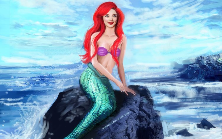 арт, красные волосы, море, улыбка, взгляд, сидит, хвост, чешуя, русалка, art, red hair, sea, smile, look, sitting, tail, scales, mermaid