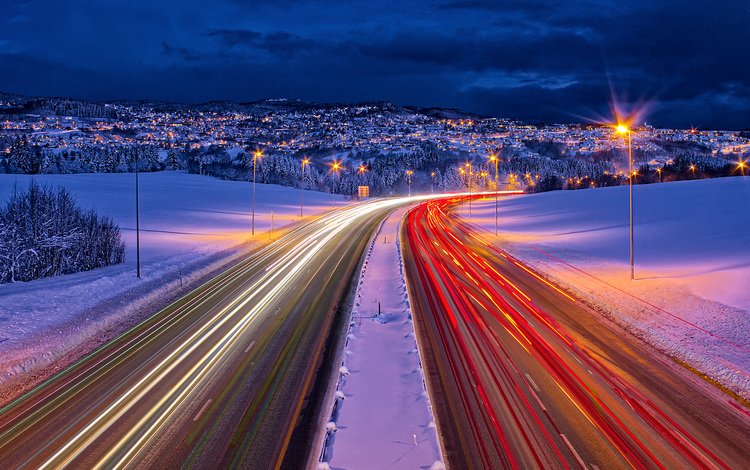 дорога, огни, зима, норвегия, выдержка, roads, норвегии, trondheim, road, lights, winter, norway, excerpt