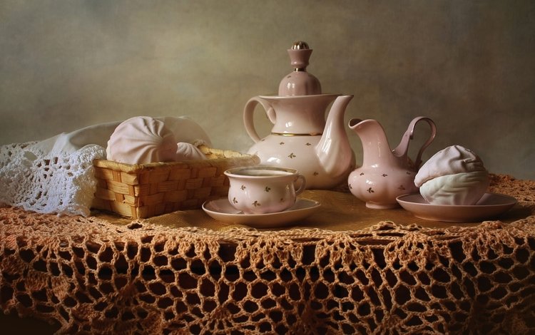 чай, посуда, зефир, скатерть, сервиз, tea, dishes, marshmallows, tablecloth, set