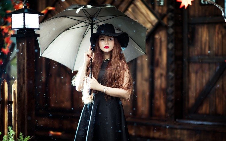 девушка, зонт, шляпа, азиатка, girl, umbrella, hat, asian