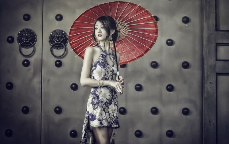 девушка, поза, взгляд, модель, волосы, зонт, лицо, азиатка, girl, pose, look, model, hair, umbrella, face, asian