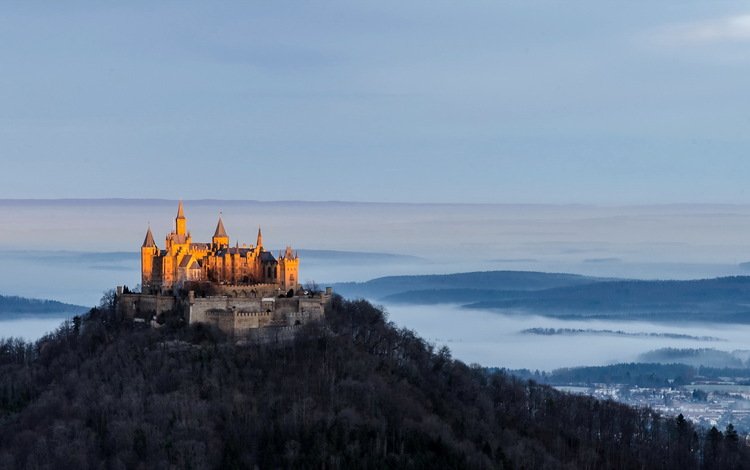 пейзаж, утро, германия, замок гогенцоллерн, landscape, morning, germany, hohenzollern castle