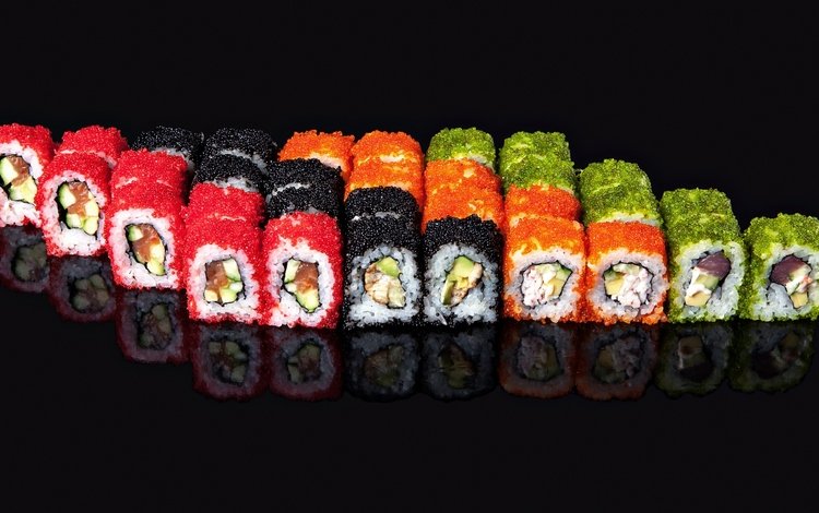 отражение, черный фон, рыба, икра, суши, роллы, морепродукты, seafoods, reflection, black background, fish, caviar, sushi, rolls, seafood