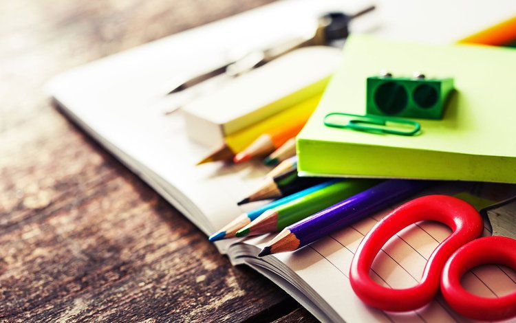 карандаши, цветные, ножницы, тетрадь, канцелярия, школьные принадлежности, pencils, colored, scissors, notebook, the office, school supplies