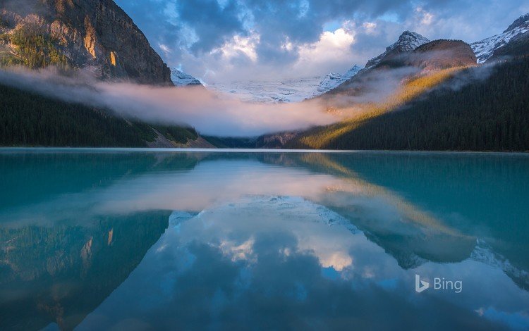 озеро, горы, природа, туман, канада, лейка, bing, луиз, lake, mountains, nature, fog, canada, louise