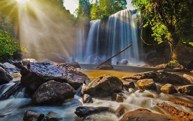 река, солнце, природа, камни, лес, водопад, bing, phnom kulen national park, river, the sun, nature, stones, forest, waterfall