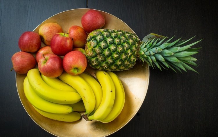 фрукты, яблоко, банан, ананас, блюдо, fruit, apple, banana, pineapple, dish