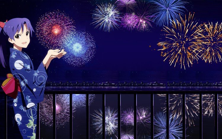 ночь, новый год, город, девочка, фейерверк, кимоно, японская, night, new year, the city, girl, fireworks, kimono, japanese